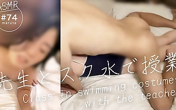 Experience the Alluring Swimsuit Teacher with Ripped Pussy and Sticking-out Tits!