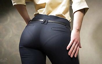 JAV Enchantress with a Luscious Ass Teases in Tight Work Trousers, Revealing Her Visible Panty Line