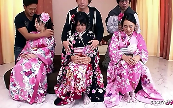 Japanese Orgy with Three Teen Hotties and Their Hairy Pussies