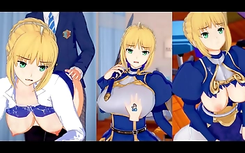 JAV MILF Fate Saber with Luscious Tits Rubs Them Hard in FGO Hentai Game Fuetogurado Oda